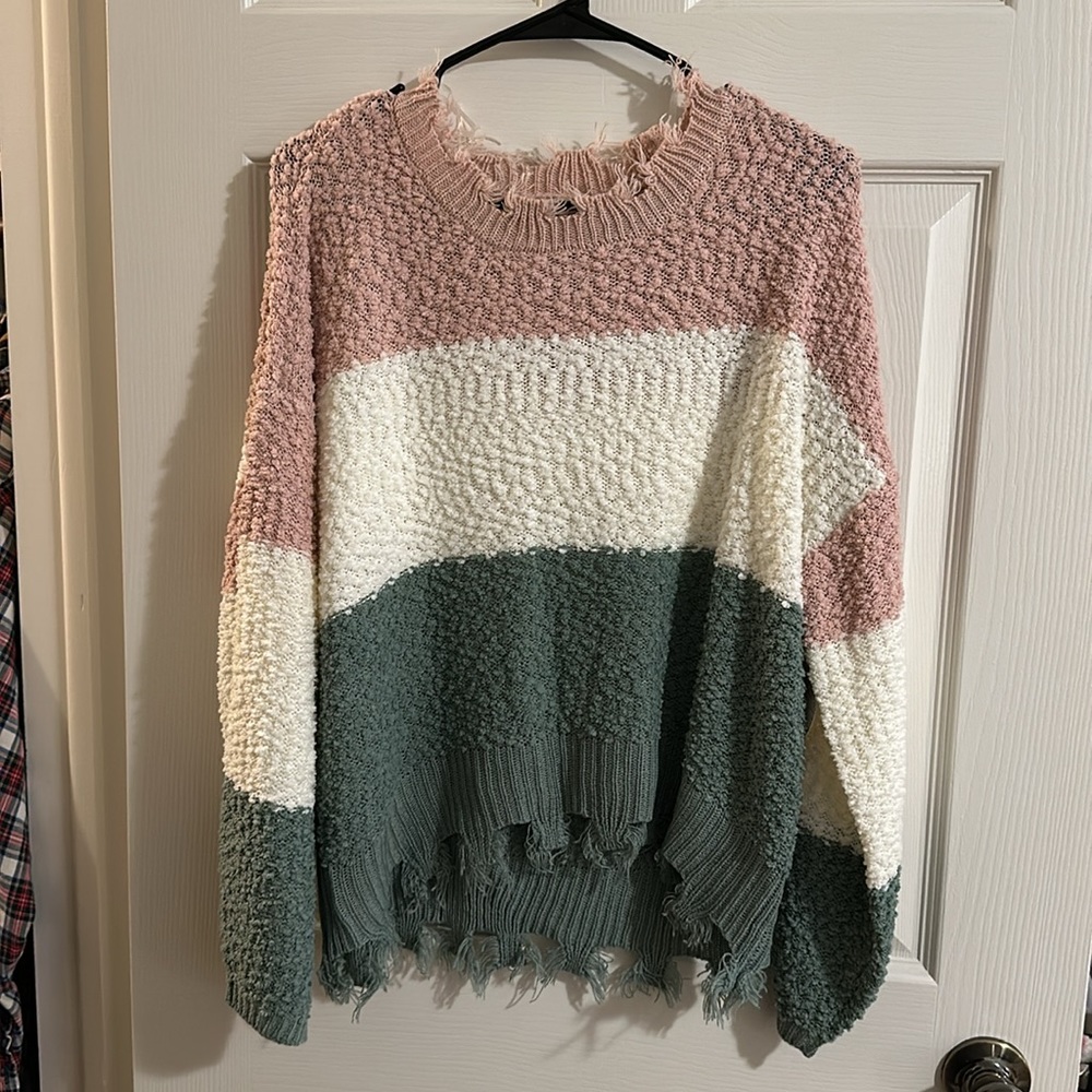 Jolie & Joy Distressed Pink & Green Crop Sweater - Picture 2 of 5